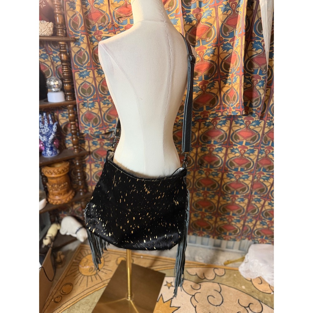 Myra Bag Creme Lit Black Gold Metallic Splatter Hairon Leather Fringe Bag S-2272
